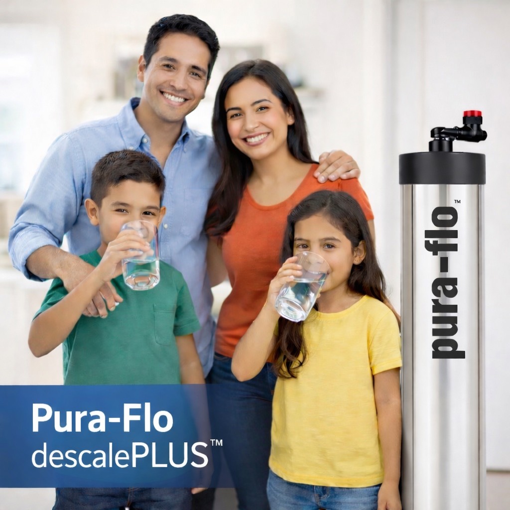 Family enjoying conditioned water with Pura-Flo whole house water conditioning system
