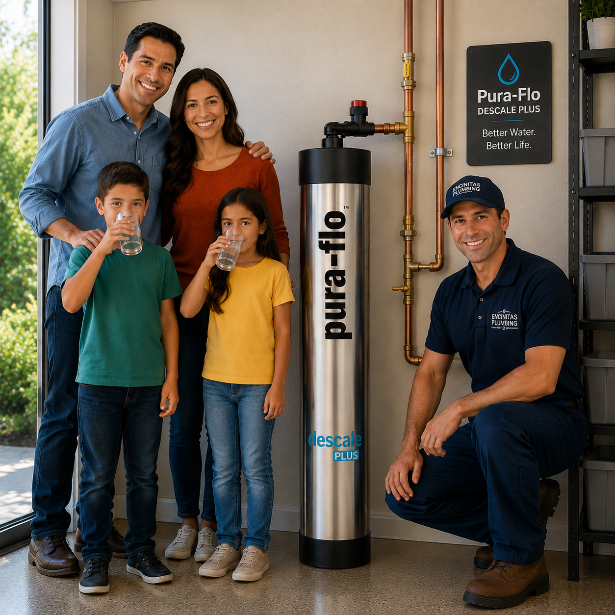 Family of four and Encinitas Plumbing technician standing beside a beautifully installed Pura-Flo DescalePLUS whole-house water conditioning system connected to copper plumbing in a clean residential utility room.